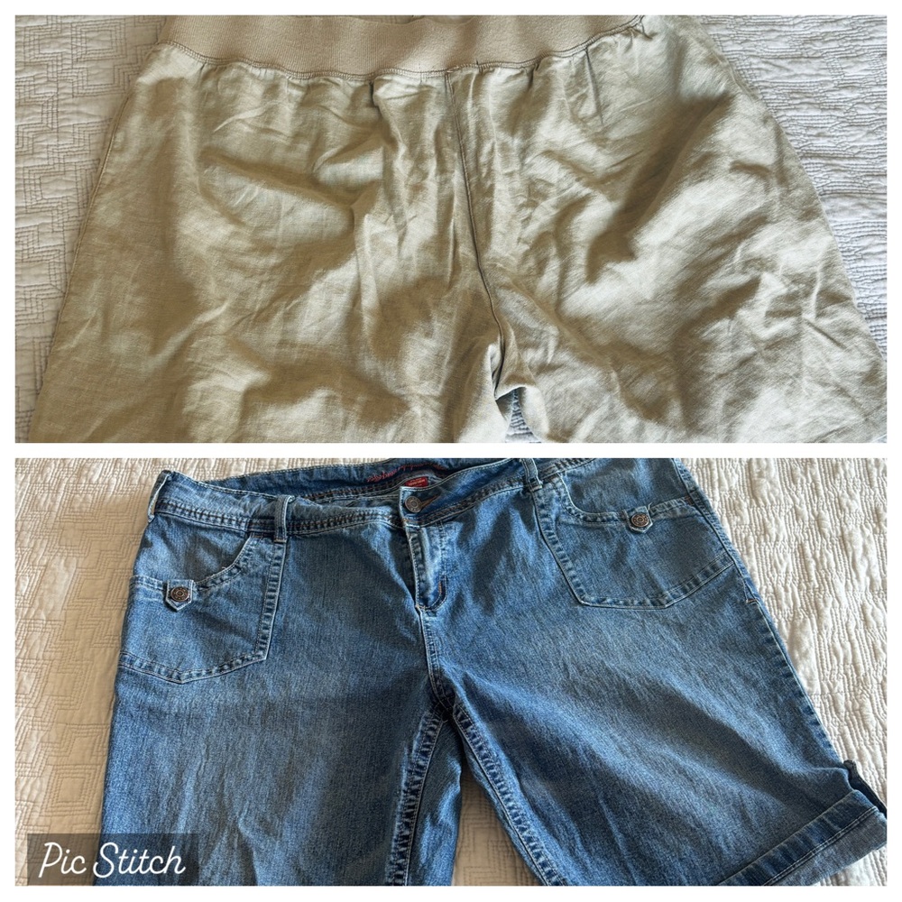 Two for one!!!!  Plus Size Denim Bermuda shorts and Beige Linen shorts